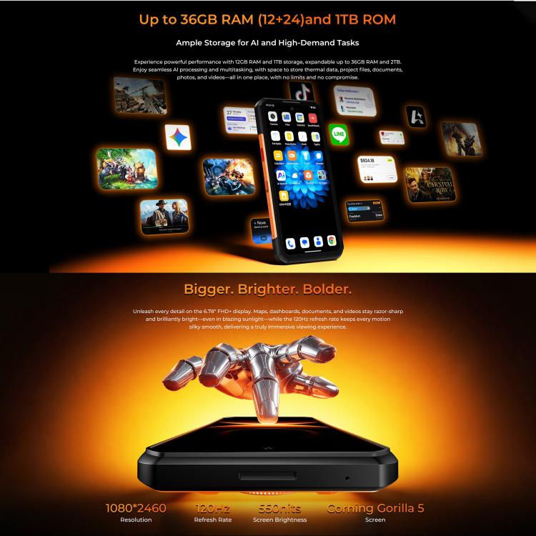 Oukitel WP500 Rugged Phone, 12GB+1TB, 108MP Camera, Night Vision, Fingerprint Identification, 6.78 inch Android 16 MTK Dimensity 8300 Octa Core, NFC, OTG, Network: 5G, WP500