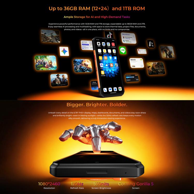 Oukitel WP500 Ultra Rugged Phone, Thermal Imaging, 12GB+1TB, 108MP Camera, Fingerprint Identification, 6.78 inch Android 16 MTK Dimensity 8300 Octa Core, NFC, OTG, Network: 5G, WP500 Ultra