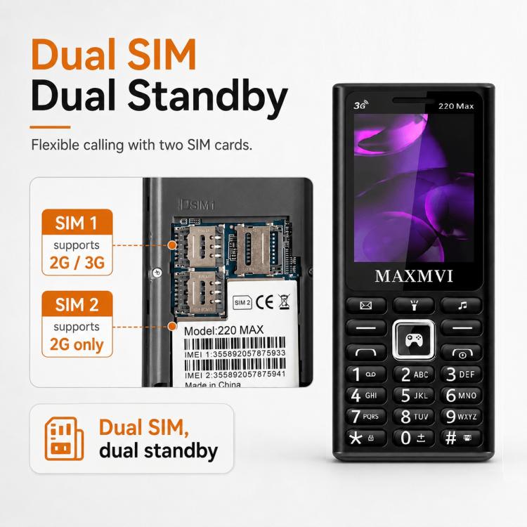 220 Max 3G Key Phone, 3600mAh Battery, 2.4 inch, SOS, 24 Keys, Dual SIM, Network: 4G, Support Whatsapp, Facebook