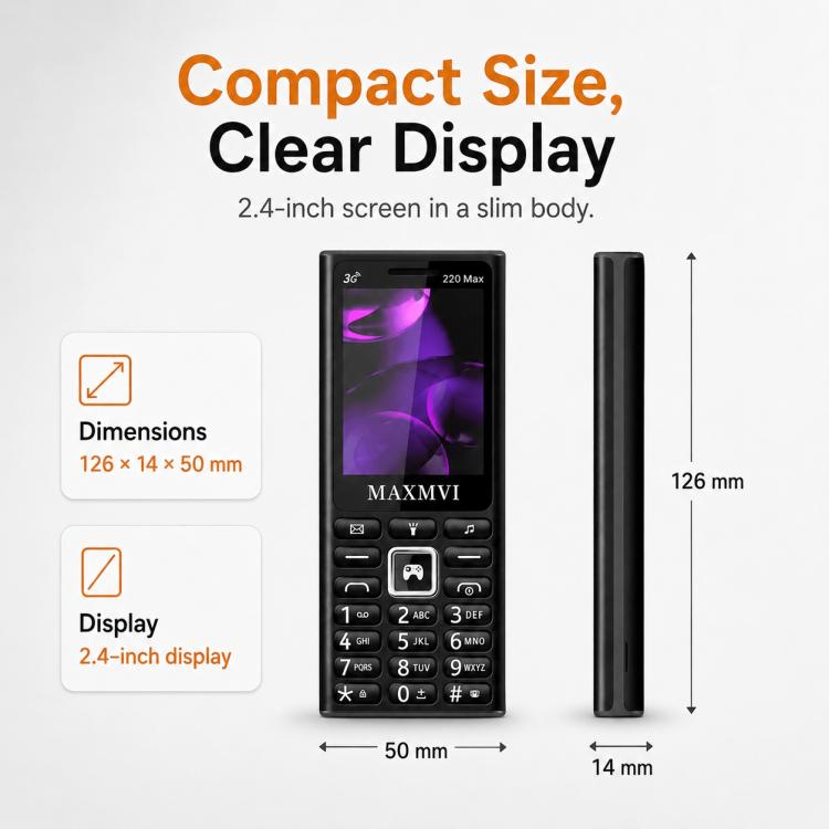 220 Max 3G Key Phone, 3600mAh Battery, 2.4 inch, SOS, 24 Keys, Dual SIM, Network: 4G, Support Whatsapp, Facebook
