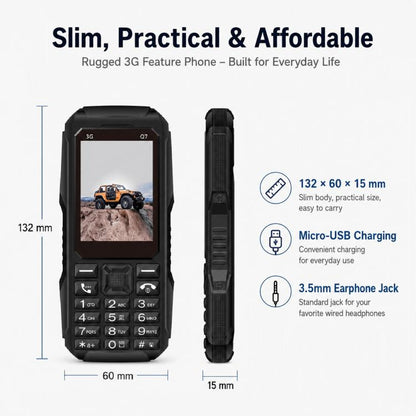Q7 3G Key Phone, 3600mAh Battery, 2.4 inch, SOS, 21 Keys, Dual SIM, Network: 3G, Support Whatsapp, Facebook