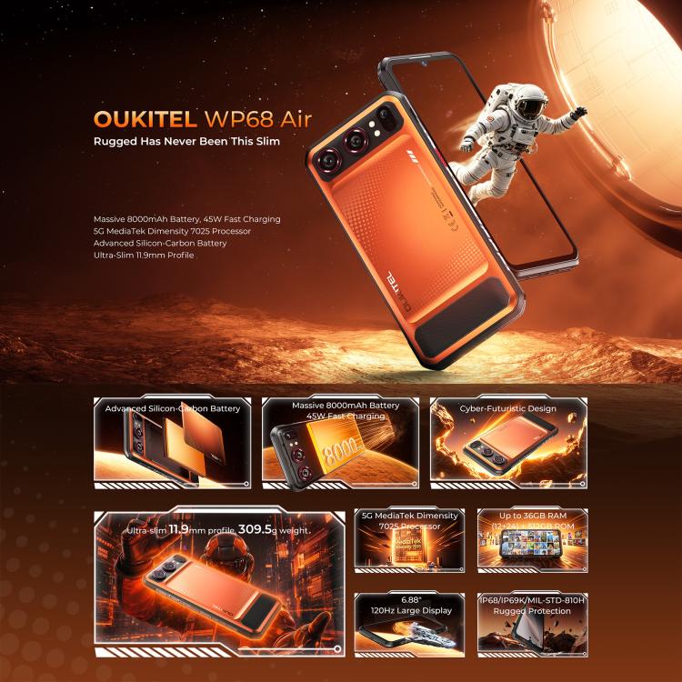Oukitel WP68 Air 5G Rugged Phone, 12GB+512GB, Night Vision, Fingerprint Identification, 6.88 inch Android 15 MediaTek Dimensity 7025 Octa Core, NFC, OTG, Network: 5G