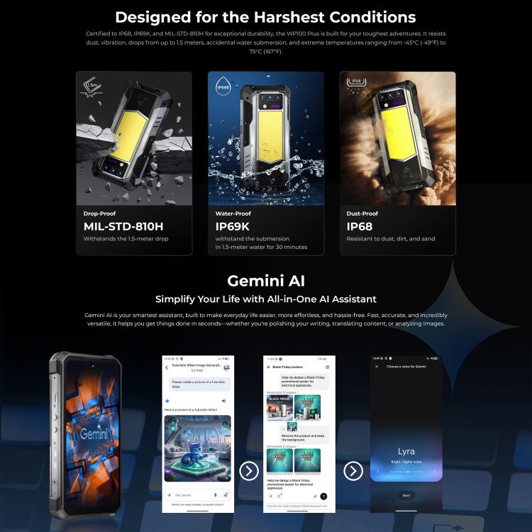 Oukitel WP100 Plus Rugged Phone, 12GB+512GB, Night Vision, 33000mAh, Fingerprint Identification, 6.8 inch Android 16 MediaTek Helio G100 Octa Core, NFC, OTG, Network: 4G, WP100 Plus