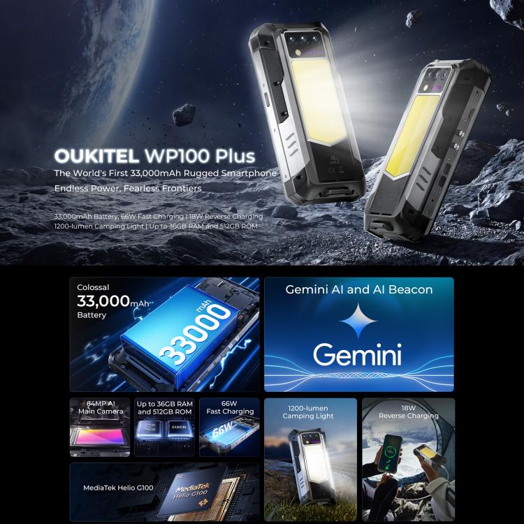 Oukitel WP100 Plus Rugged Phone, 12GB+512GB, Night Vision, 33000mAh, Fingerprint Identification, 6.8 inch Android 16 MediaTek Helio G100 Octa Core, NFC, OTG, Network: 4G, WP100 Plus