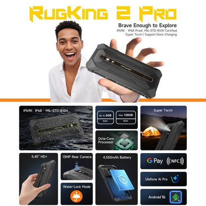 Ulefone RugKing 2 Pro, 6GB+128GB, IP68/IP69K Rugged Phone, 5.45 inch Android 16 Unisoc T7250 Octa Core, Network: 4G, NFC, OTG, RugKing 2 Pro, 6GB+128GB