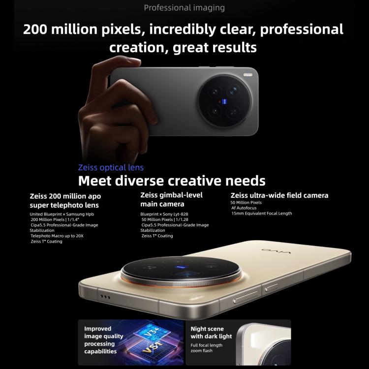 vivo X300 Pro, 12 Go+256 Go, OriginOS 6 Android 16 Dimensity 9500 Octa Core 6,78 pouces, OTG, NFC, Réseau : 5G, 12 Go+256 Go