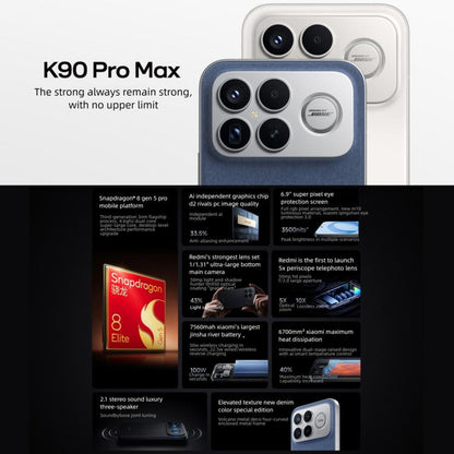 Xiaomi Redmi K90 Pro Max, 16 Go+512 Go, 6,9 pouces Xiaomi HyperOS 3 Snapdragon 8 Elite Gen 5 Octa Core, NFC, Réseau : 5G, 16 Go+512 Go