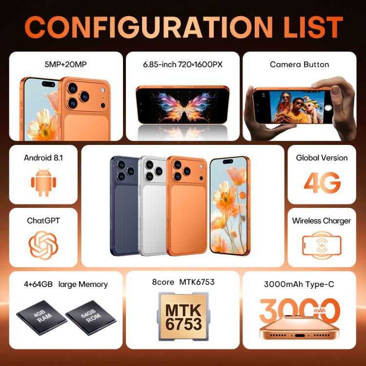 i17 Pro Max / A19, 4GB+64GB, 6.85 inch Android 8.1 MTK6762 Octa Core, Network: 4G, Dual SIM, AU Plug, AU Plug