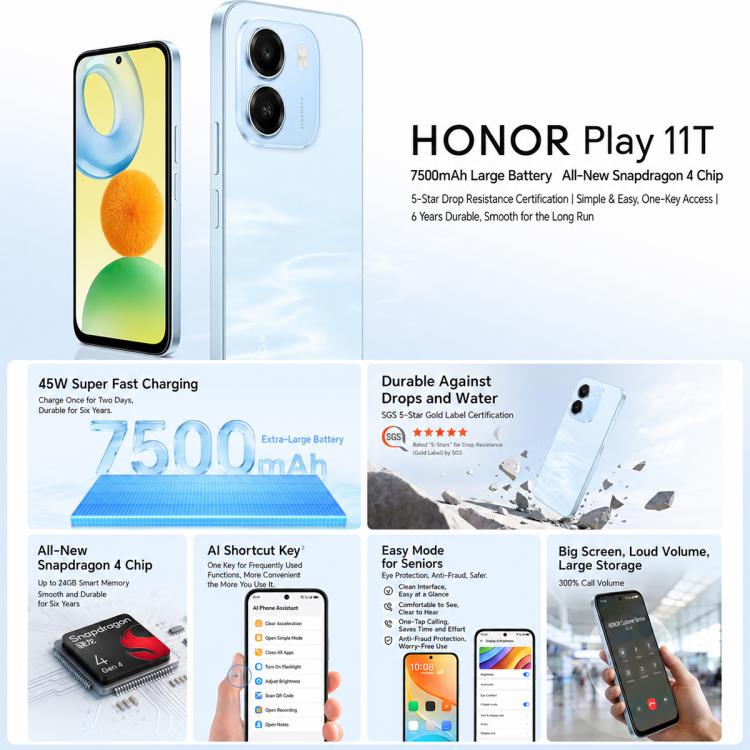Honor Play11T, 6GB+128GB, Side Fingerprint, 6.61 inch MagicOS 10.0 Android 16 Snapdragon 4 Gen 4 Octa Core, Network: 5G, OTG, 6GB+128GB