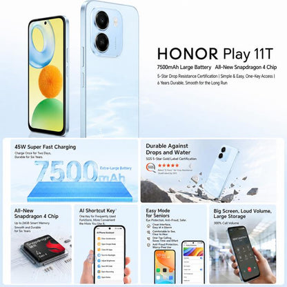 Honor Play11T, 6GB+256GB, Side Fingerprint, 6.61 inch MagicOS 10.0 Android 16 Snapdragon 4 Gen 4 Octa Core, Network: 5G, OTG, 6GB+256GB