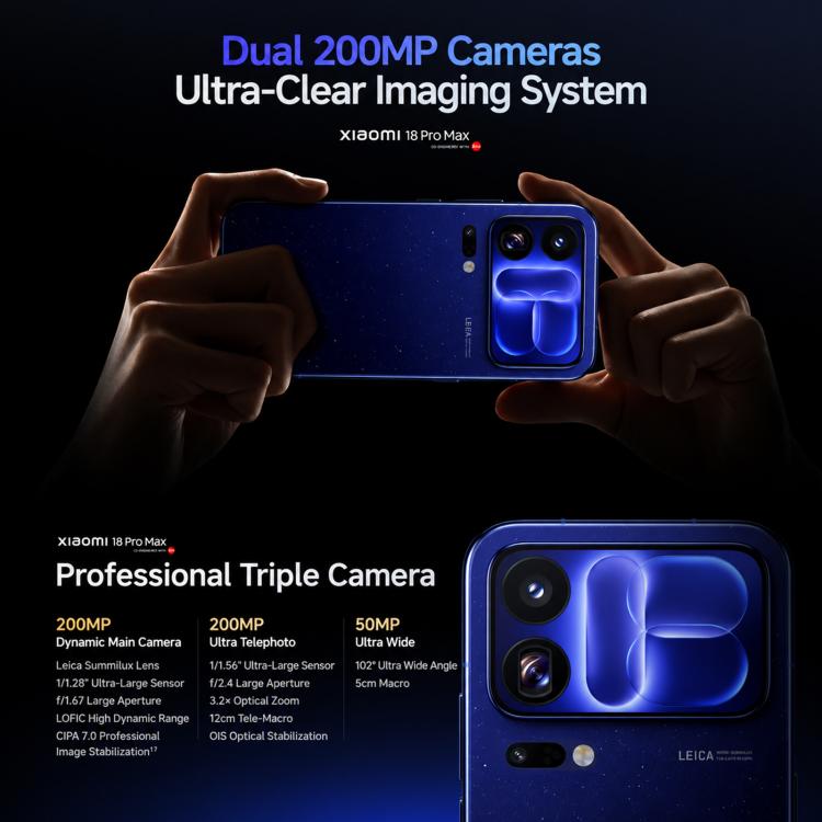Xiaomi 18 Pro Max, 16GB+512GB, 3D Ultrasonic Fingerprint, 6.9 inch + 2.9 inch Xiaomi HyperOS 4 Snapdragon 8 Elite Gen 6 Octa Core, NFC, Network: 5G, 16GB+512GB