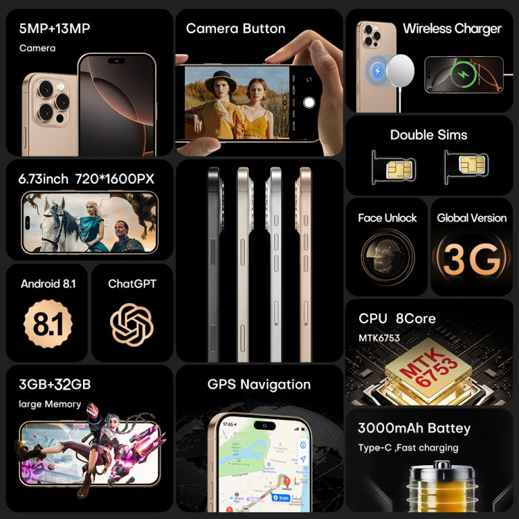 i16 Pro Max / A08, 3GB+32GB, 6.73 inch Screen, Face Identification, Android 8.1 MTK6753 Octa Core, Network: 3G, Dual SIM, AU Plug, i16 Pro Max / A08, AU Plug