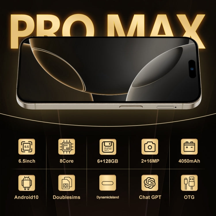 i16 Pro Max / Q5A, 6 Go + 128 Go, écran de 6,5 pouces, identification faciale, Android 10 MTK6762 Octa Core, OTG, NFC, Réseau: 4G, Double SIM, Prise UE, i16 Pro Max / Q5A, Prise UE