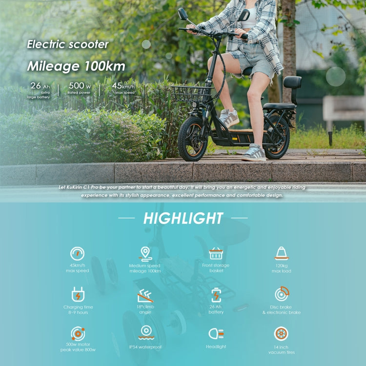 KuKirin C1 Pro 500W 48V 26Ah Electric Offroad Scooter with 14 inch Tires & Rear Seat, EU Plug, C1 Pro