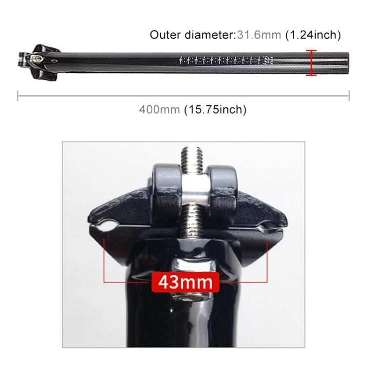 TOSEEK 3K Fibre de Carbone VTT Vélo de Route Tige de Selle de Vélo Raccord de Selle Poteau de Selle Accessoires de Vélo, Taille: 31.6x400mm, 31.6x400mm