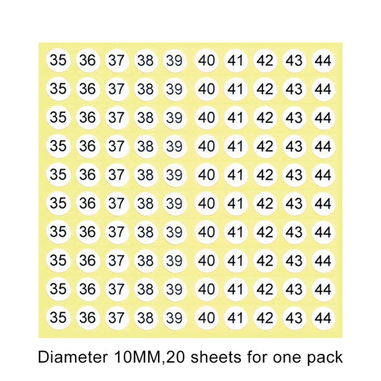 20 PCS Round Shape Number Sticker Shoe Size Label, Number 35-44, Number 35-44