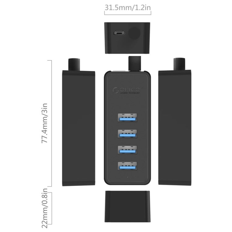 ORICO W5P-U3-100 4-Port USB 3.0 Desktop HUB with 100cm Micro USB Cable Power Supply, W5P-U3-100 Black