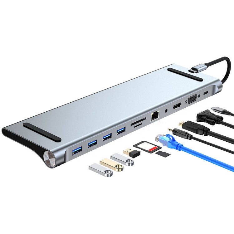 AD-059 11 in 1 USB-C / Type-C to 4K HDMI + VGA + SD / TF Card Slot + Gigabit Ethernet + 3.5mm AUX + USB-C / Type-C + 4 USB 3.0 Multifunctional Docking Station HUB, 11 in 1