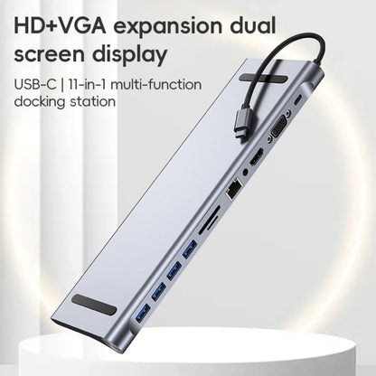 AD-059 11 in 1 USB-C / Type-C to 4K HDMI + VGA + SD / TF Card Slot + Gigabit Ethernet + 3.5mm AUX + USB-C / Type-C + 4 USB 3.0 Multifunctional Docking Station HUB, 11 in 1