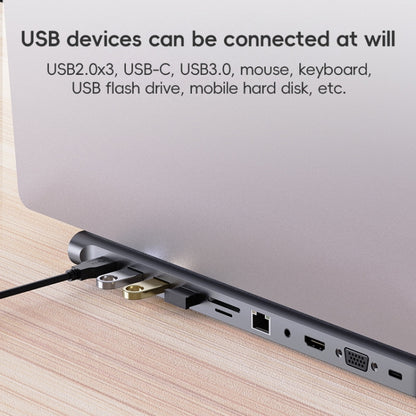 AD-059 11 in 1 USB-C / Type-C to 4K HDMI + VGA + SD / TF Card Slot + Gigabit Ethernet + 3.5mm AUX + USB-C / Type-C + 4 USB 3.0 Multifunctional Docking Station HUB, 11 in 1
