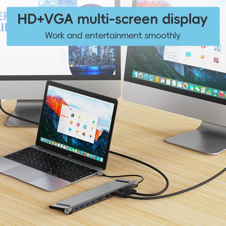 AD-059 11 in 1 USB-C / Type-C to 4K HDMI + VGA + SD / TF Card Slot + Gigabit Ethernet + 3.5mm AUX + USB-C / Type-C + 4 USB 3.0 Multifunctional Docking Station HUB, 11 in 1