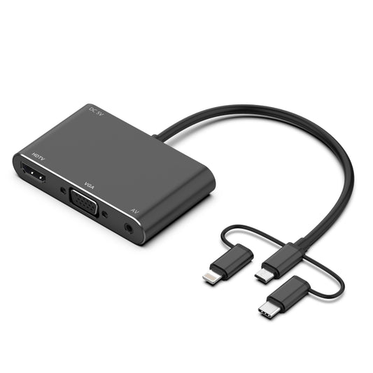 7585B Adaptateur 3 en 1 Micro USB / 8 broches / Type-C vers VGA / HDTV / AV Lecteur d'écran mobile HD