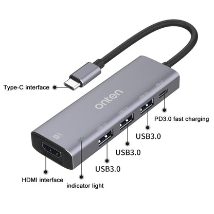 Onten OT-95123 5 in 1 Multifunctional Type-C + USB + HDMI Docking Station, Cable Length: 145mm