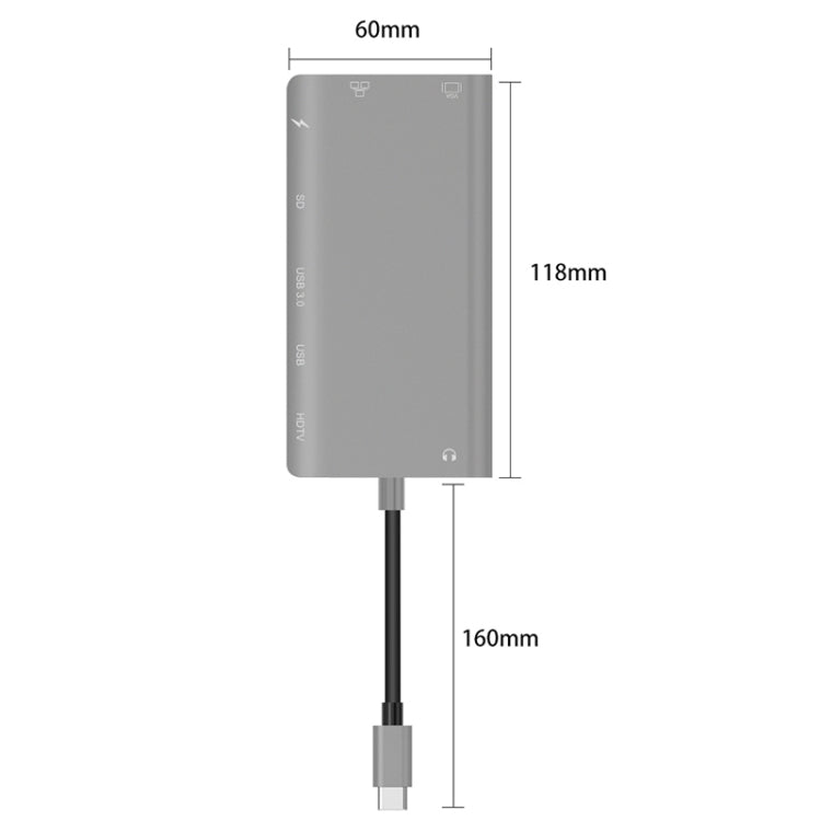Onten 9591BD 8 in 1 USB-C / Type-C to PD USB-C / Type-C Charging + Gigabit Ethernet + Dual USB 3.0 + HDMI + VGA + SD Card Slot + 3.5mm AUX HUB, 9591BD Grey, 9591BD Silver