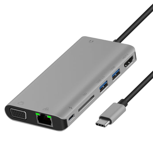 Onten 9591BD Hub 8 en 1 USB-C / Type-C vers charge PD USB-C / Type-C + Ethernet Gigabit + double USB 3.0 + HDMI + VGA + lecteur de carte SD + AUX 3,5 mm, 9591BD Gris, 9591BD Argent