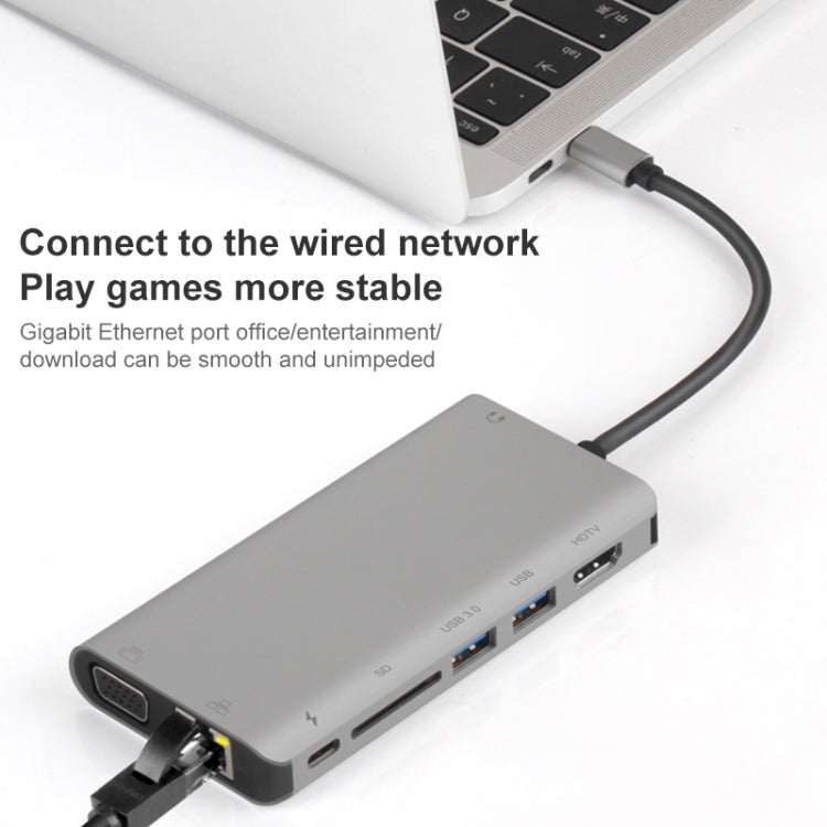Onten 9591BD 8 in 1 USB-C / Type-C to PD USB-C / Type-C Charging + Gigabit Ethernet + Dual USB 3.0 + HDMI + VGA + SD Card Slot + 3.5mm AUX HUB, 9591BD Grey, 9591BD Silver