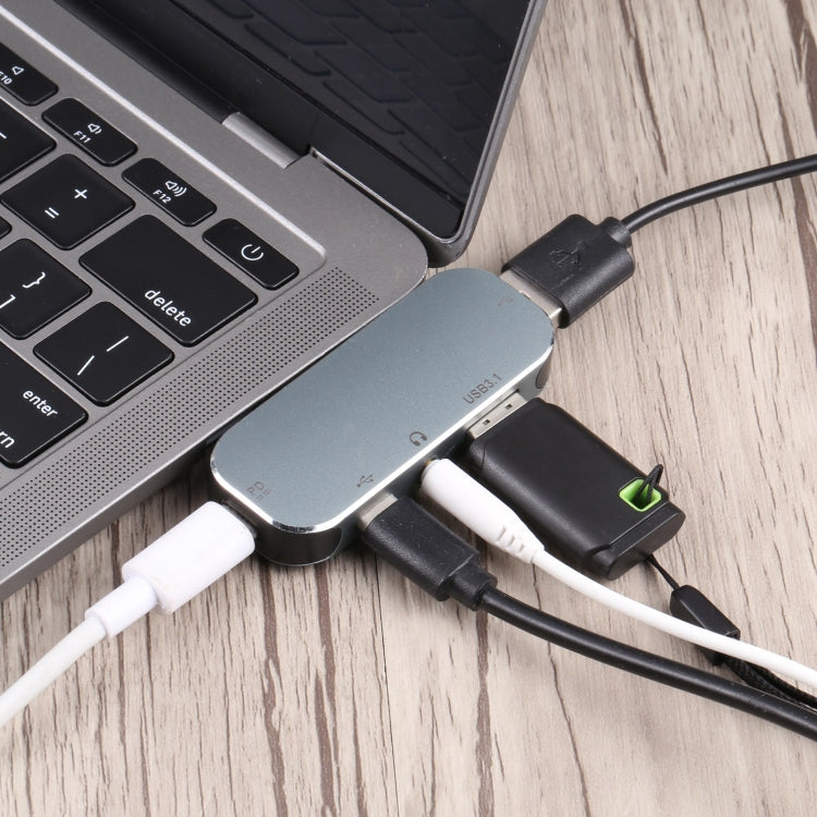 5 in 1 USB-C / Type-C Male to Dual USB-C / Type-C + 3.5mm AUX + USB 3.1 + USB Female Adapter, Dual USB-C / Type-C + 3.5mm AUX