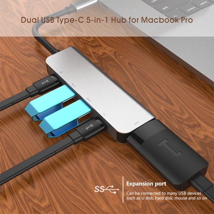 5 in 1 HDMI + USB x 2 + PD x 2 to USB-C / Type-C HUB Adapter, HDMI + USB x 2 + PD x 2