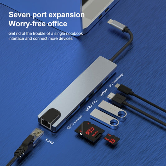 Adaptateur HUB 7 en 1 RJ45 + SD/TF + USB 3.0 x 2 + HDMI + PD vers USB-C / Type-C, RJ45+SD/TF+USB3.0x2+HDMI+PD