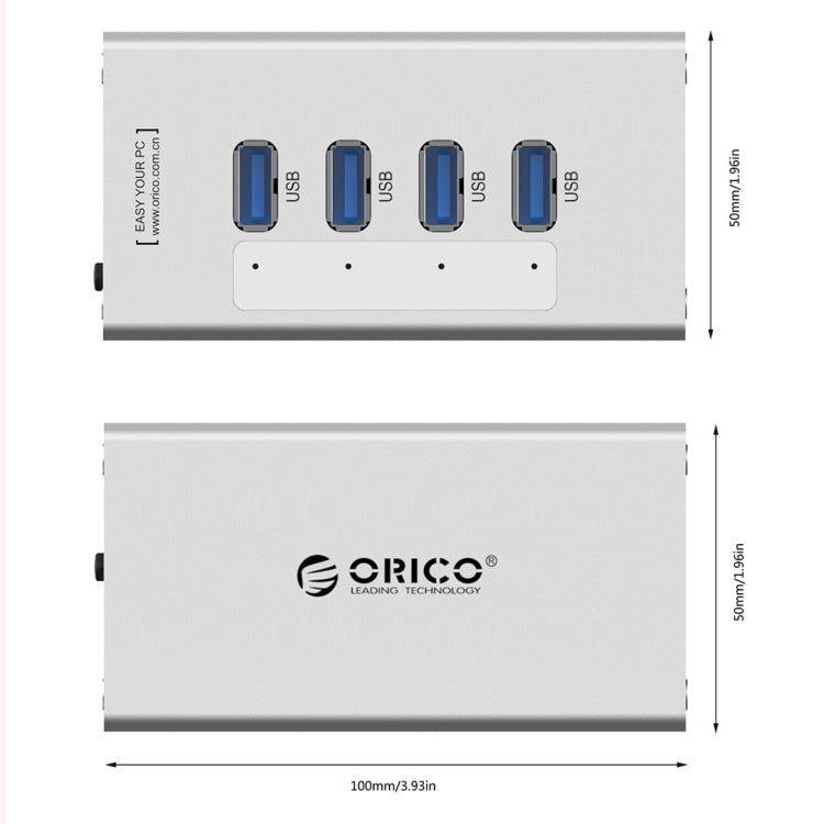 ORICO A3H4 Aluminum High Speed 4 Ports USB 3.0 HUB with 12V/2.5A Power Supply for Laptops, 4 Ports (Silver)
