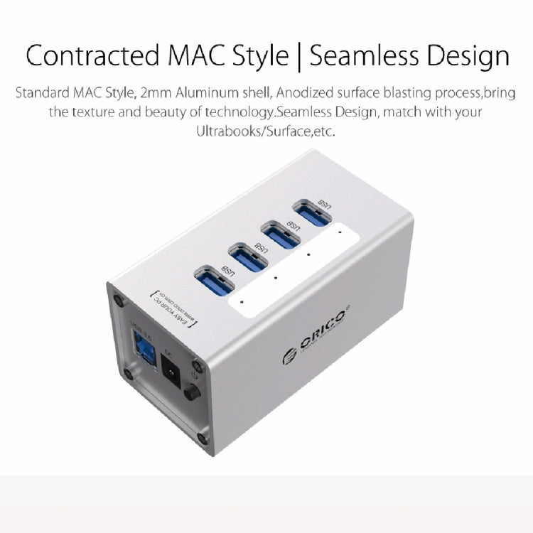 ORICO A3H4 Aluminum High Speed 4 Ports USB 3.0 HUB with 12V/2.5A Power Supply for Laptops, 4 Ports (Silver)
