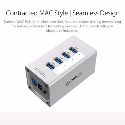 ORICO A3H4 Aluminum High Speed 4 Ports USB 3.0 HUB with 12V/2.5A Power Supply for Laptops, 4 Ports (Silver)