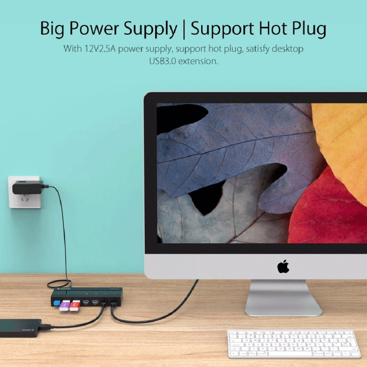 ORICO H727RK-U3 ABS High Speed 7 Ports USB 3.0 HUB with 12V Power Adapter for Laptops / Smartphones, H727RK-U3