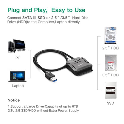 UGREEN USB 3.0 to SATA Adapter Cable Converter for 2.5 / 3.5 inch Hard Drive Disk HDD and SSD, Support UASP SATA 3.0, USB 3.0 to SATA