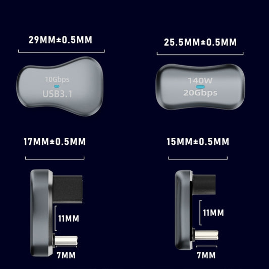 140W 20Gbps USB-C / Type-C Male to USB Female U-shaped Elbow Charging Adapter, Type-C Male to USB Female