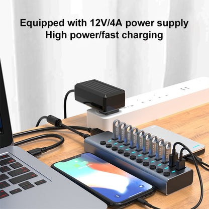 11 in 1 USB 3.0 HUB Splitter with Independent Switch & 12V 4A Power Supply, 11 USB 3.0