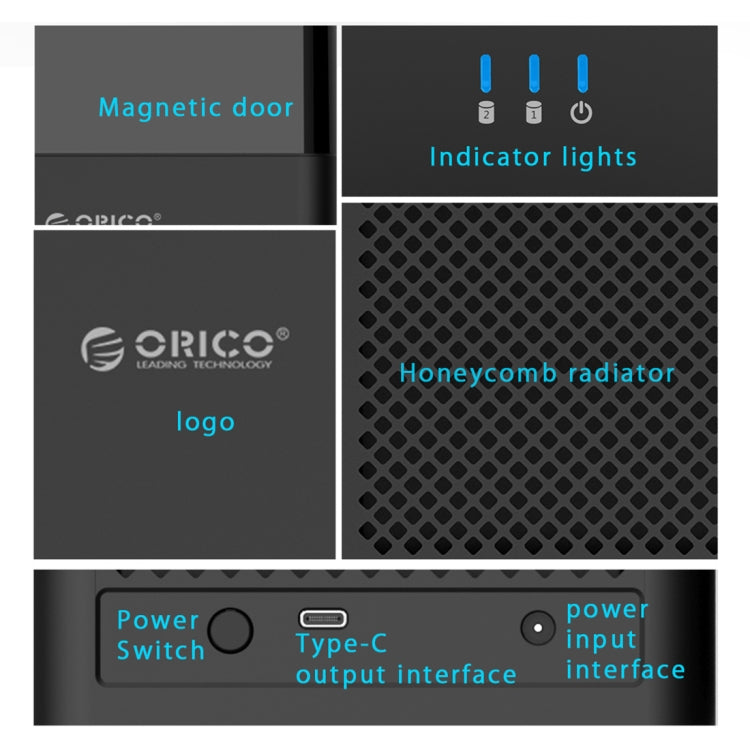 ORICO DS200C3 3.5 inch 2 Bay Magnetic-type USB-C / Type-C Hard Drive Enclosure with Blue LED Indicator, USB Type-C