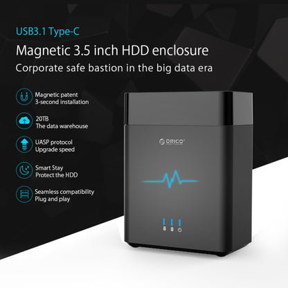 ORICO DS200C3 3.5 inch 2 Bay Magnetic-type USB-C / Type-C Hard Drive Enclosure with Blue LED Indicator, USB Type-C