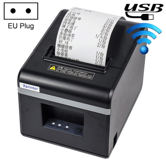 طابعة إيصالات حرارية أوتوماتيكية Xprinter N160II بمنفذ USB وواي فاي، مقاس 80 مم، سرعة طباعة 160 مم/ثانية، مزودة بقابس بريطاني، وقابس أمريكي، وقابس أوروبي، وقابس بريطاني.