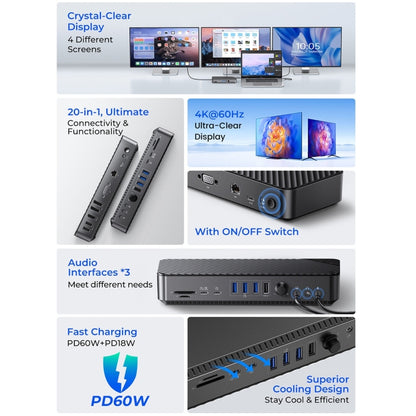 ORICO DKA20-BK-BP 10Gbps 20 in 1 Type-C 3.0 HUB Docking Station, DKA20-BK-BP, UK Plug, DKA20-BK-BP, US Plug, DKA20-BK-BP, EU Plug