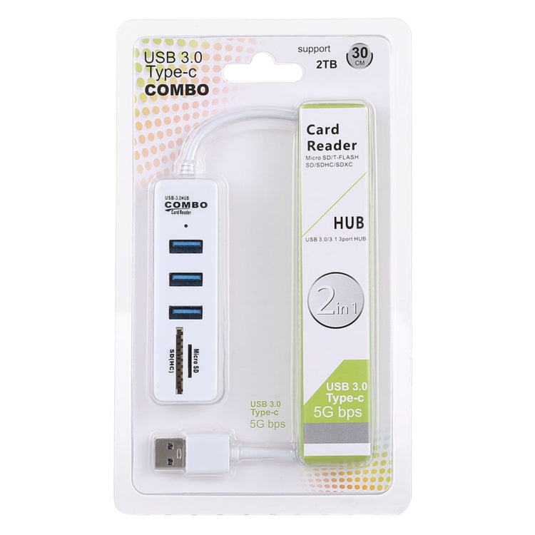 2 in 1 TF / SD Card Reader + 3 x USB 3.0 Ports to USB 3.0 HUB Converter, Cable Length: 26cm, USB 3.0 (White)
