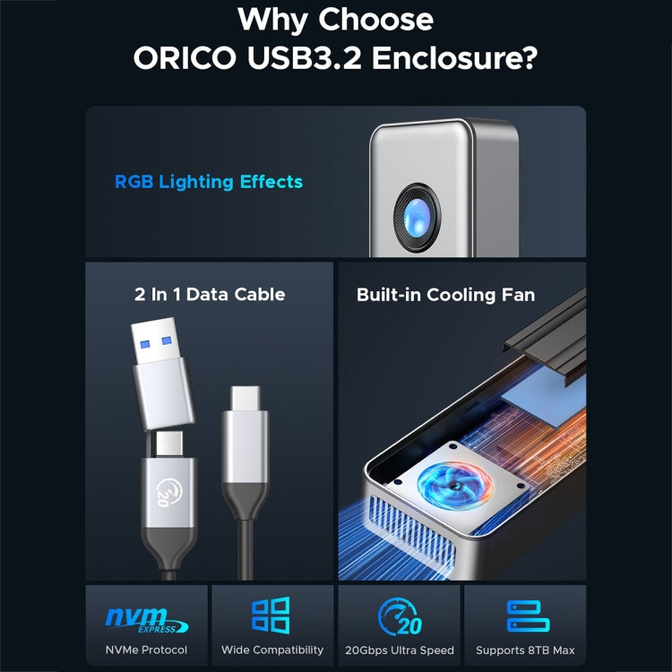 ORICO OUM2-G20-GY-BP 20Gbps M.2 SSD Enclosure with Type-C+USB Cable, OUM2-G20-GY-BP