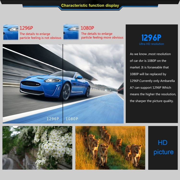 Caméra DVR de voiture GS90C, écran LCD 2,7 pouces, HD 2304 x 1296P, angle de vision large 170 degrés, prise en charge de la détection de mouvement / carte TF / capteur G / HDMI, GS90C