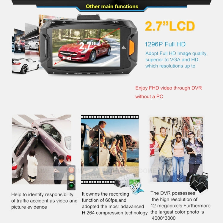 Caméra DVR de voiture GS90C, écran LCD 2,7 pouces, HD 2304 x 1296P, angle de vision large 170 degrés, prise en charge de la détection de mouvement / carte TF / capteur G / HDMI, GS90C