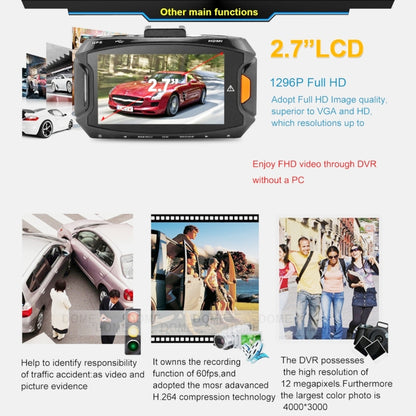 Caméra DVR de voiture GS90C, écran LCD 2,7 pouces, HD 2304 x 1296P, angle de vision large 170 degrés, prise en charge de la détection de mouvement / carte TF / capteur G / HDMI, GS90C