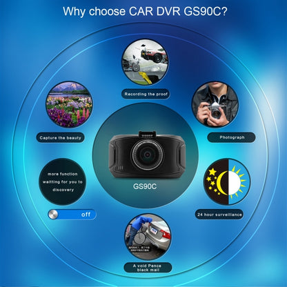 Caméra DVR de voiture GS90C, écran LCD 2,7 pouces, HD 2304 x 1296P, angle de vision large 170 degrés, prise en charge de la détection de mouvement / carte TF / capteur G / HDMI, GS90C